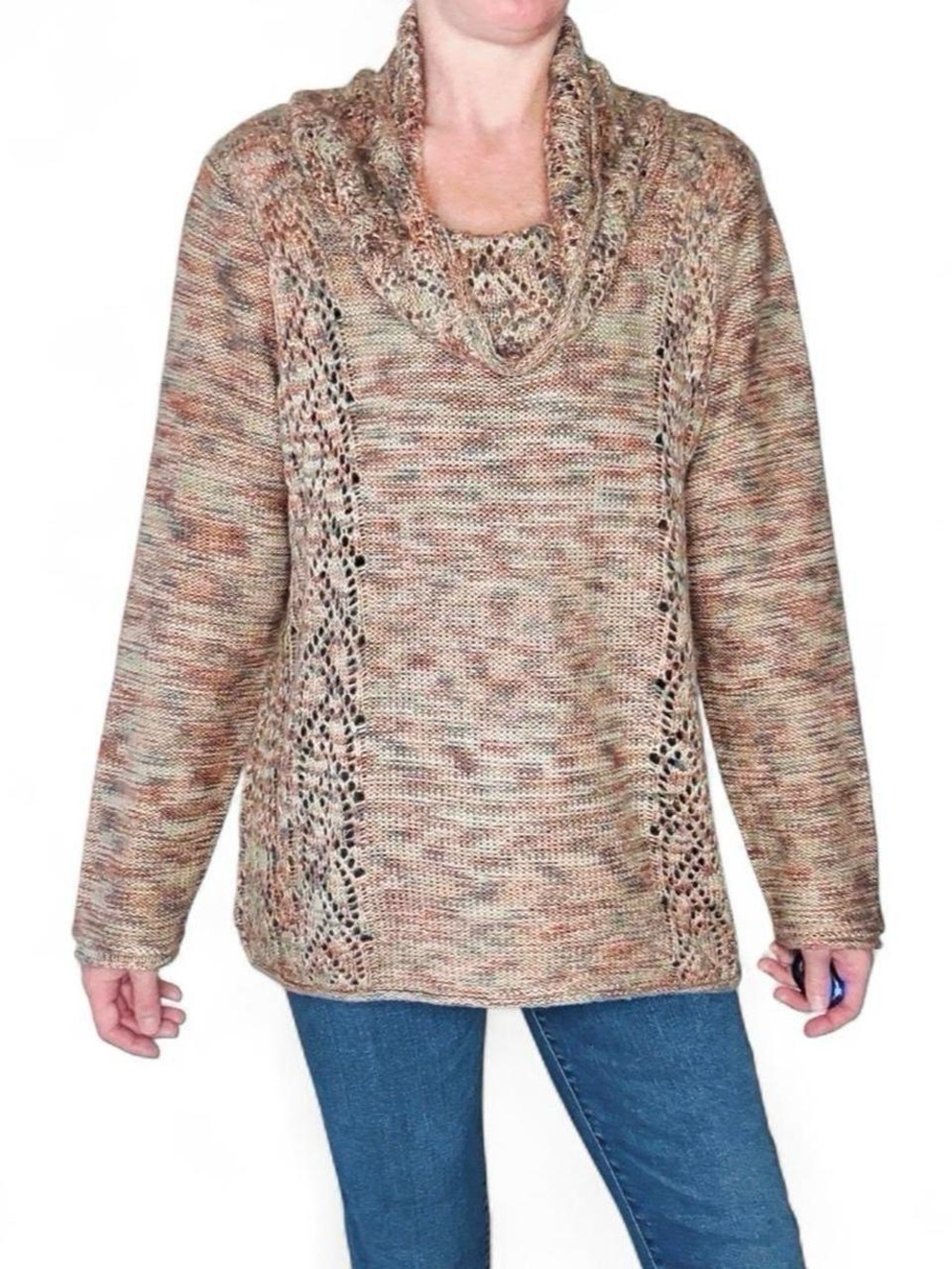 NWT North River Brown Grey Crochet Cowl Neck Sweater